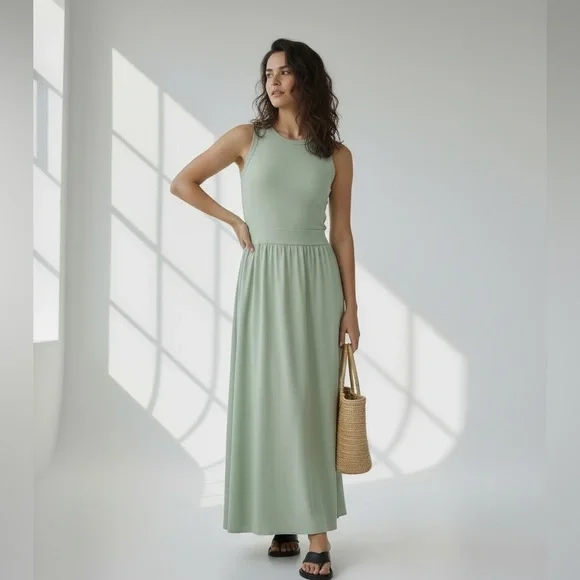 NWT COS Contrast Panel Cotton Sleeveless Sage Green Maxi Dress Size L - Picture 14 of 16